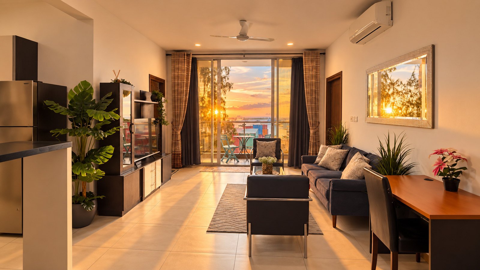 Sunset living room with balcony view at Pearl SonShine, Hulhumalé